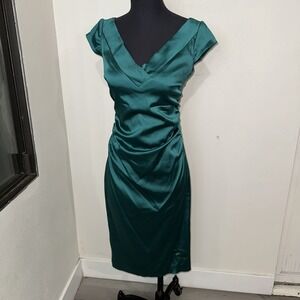 Maggie London Stretch Satin Midi Dress Green Size 4 V Neck‎